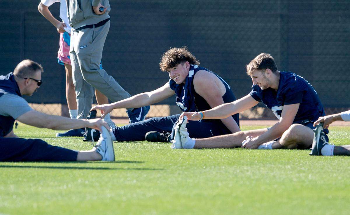 Penn State quarterback Drew Allar stretches at the start of practice for the Fiesta Bowl on Sunday, Dec. 29, 2024 at Tempe Diablo Stadium.