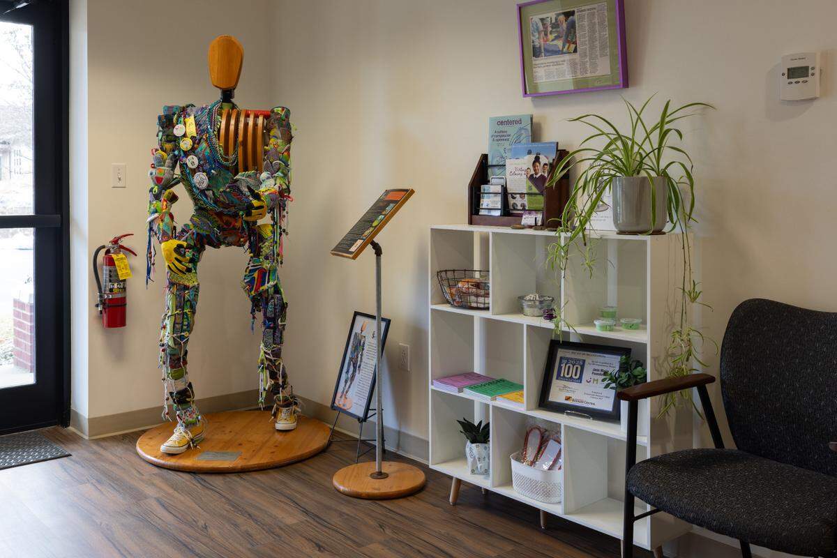 A sculpture from Jana Marie Foundation’s Stompers Project is located near the entrance of the nonprofit’s new location.