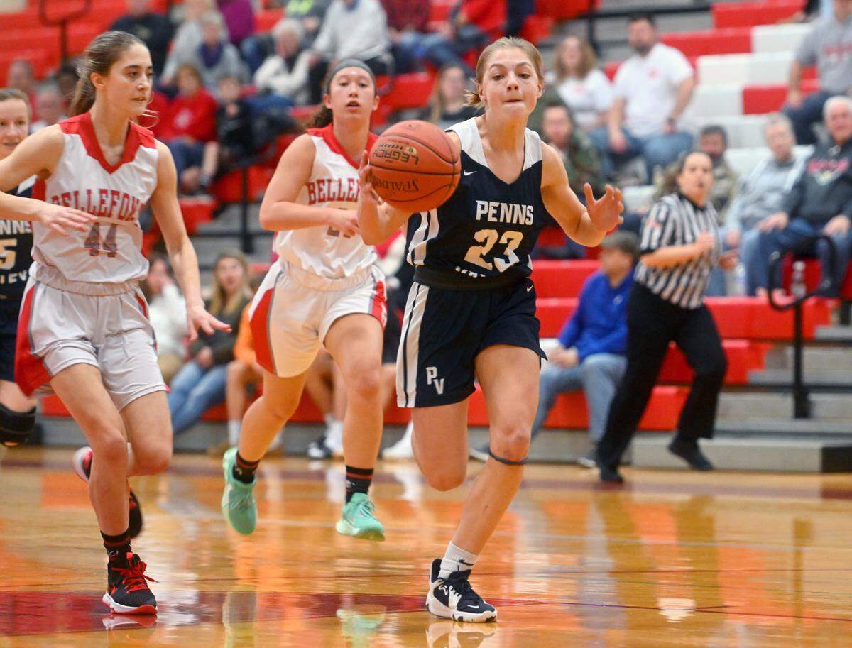 Bellefonte defenders can’t stop Penns Valley’s Elle Dinges as she goes in for a layup during the game on Monday, Jan. 23, 2023.