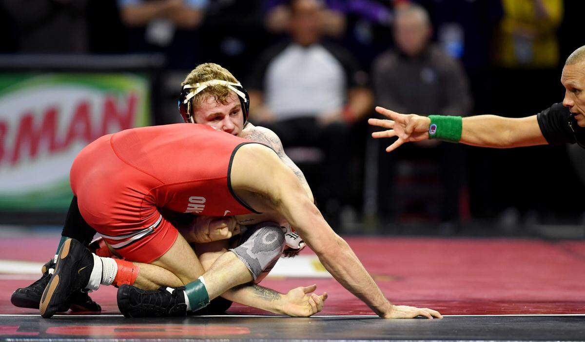 Iowa’s Brody Teske controls Ohio State’s Nic Bouzakis in a 133 lb first round match of the Big Ten Wresting Championships at the Xfinity Center at the University of Maryland on Saturday, March 9, 2024.
