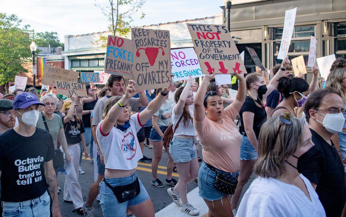 Protestors gathered and marched in downtown State College after the Roe reversal on Friday, June 24, 2022.