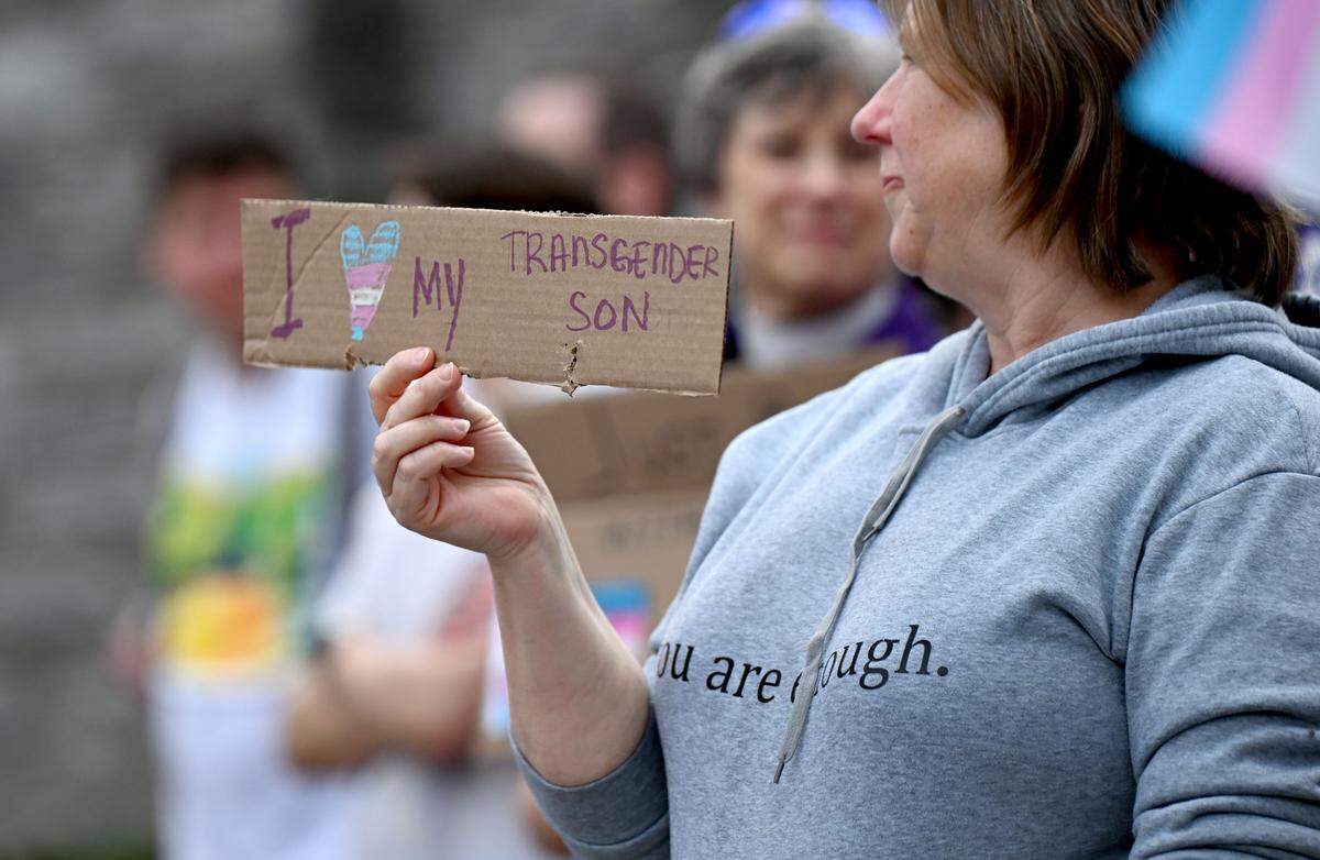 A crowd gathered at the Allen Street Gates for the Transgender Day of Visibility rally hosted by Centre LGBT+ on Tuesday, March 31, 2026.  