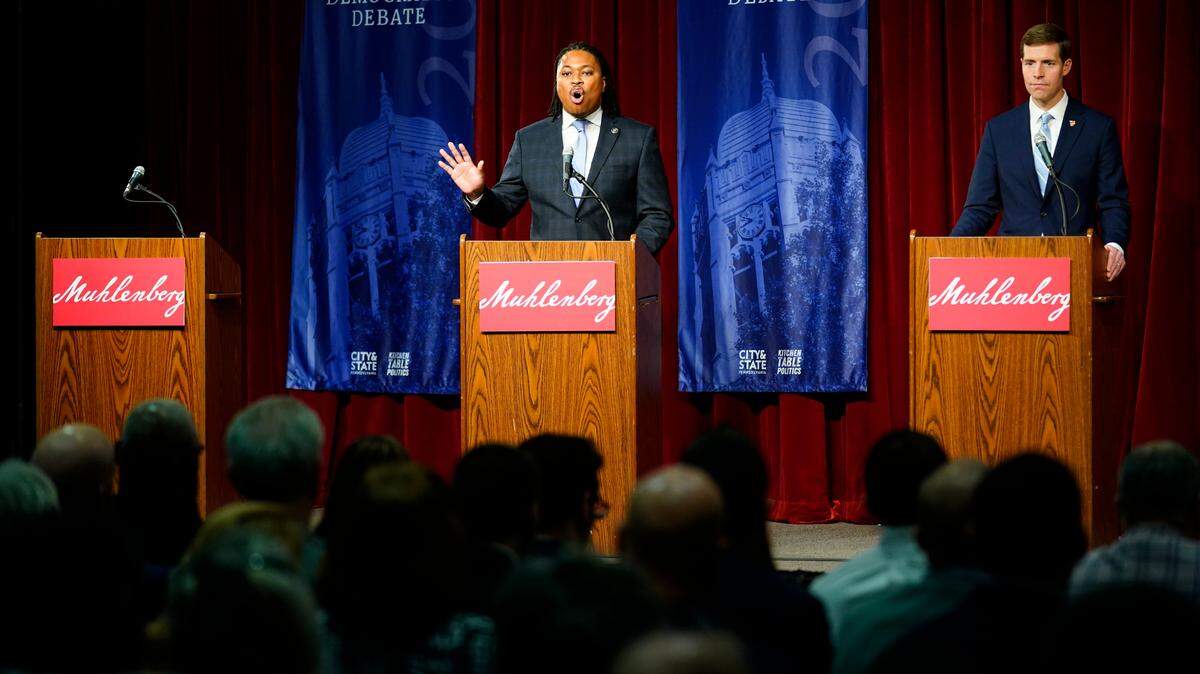 State Rep. Malcolm Kenyatta and Rep. Conor Lamb take part in a Democratic Senate debate at Muhlenberg College this month. Lt. Gov. John Fetterman, who skipped that event, will join them Thursday for a debate in Harrisburg.