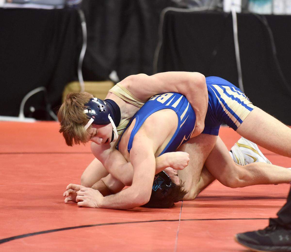 Bald Eagle Area’s Coen Bainey defeated Bryce Beatty of Mount Union 12-2 in the 113-pound final at the 2021 PIAA West Class 2A Super Regional on Saturday, March 6, 2021, at the Kovalchick Convention and Athletic Complex at Indiana University of Pennsylvania.