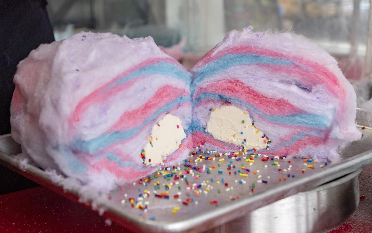 The Cotton Candy Burrito for Incredible Popcorn has ice cream, sprinkles and usually a Twinkie, all wrapped up in cotton candy.
