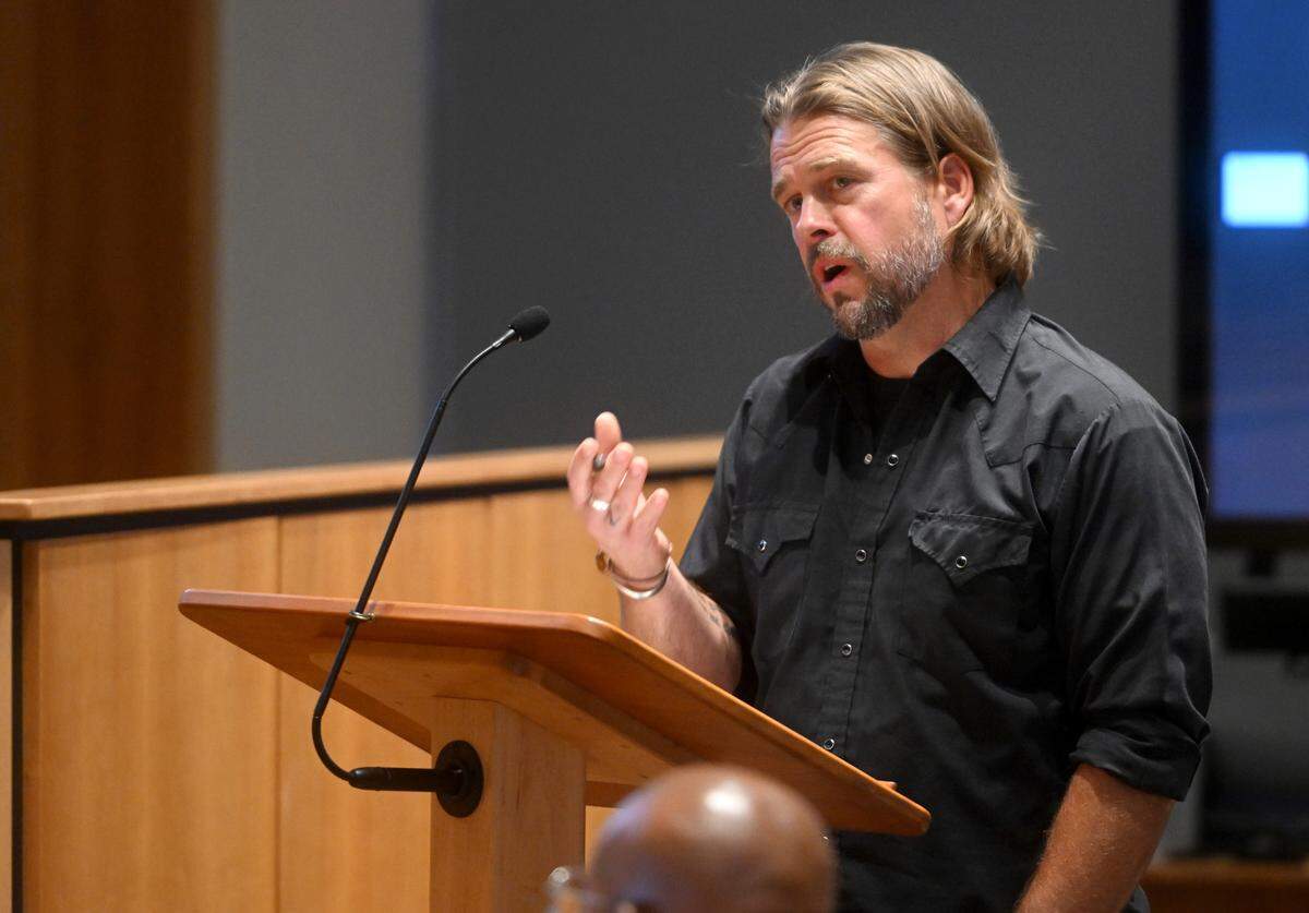 Penn State professor Kirk French talks about the importance of bars during the State College Borough Council meeting on Monday, Aug. 21, 2023.