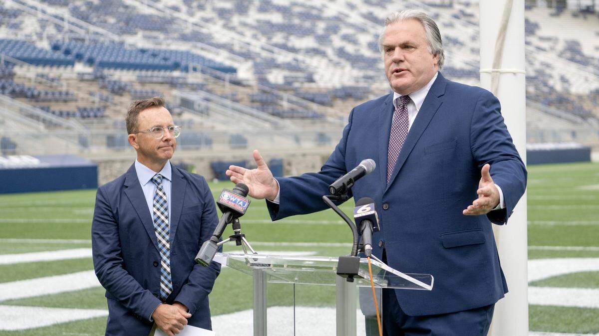 Fritz Smith from the Happy Valley Adventure Bureau announces the Ironman 70.3 Happy Valley Triathlon on Thursday, Sept. 29, 2022 at Beaver Stadium.  