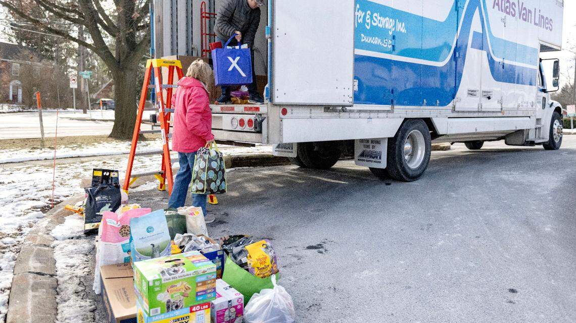 Community members donated items to fill a truck to be sent to California to help those affected but the wildfires organized by By A Thread in State College on Wednesday, Jan. 15, 2025.