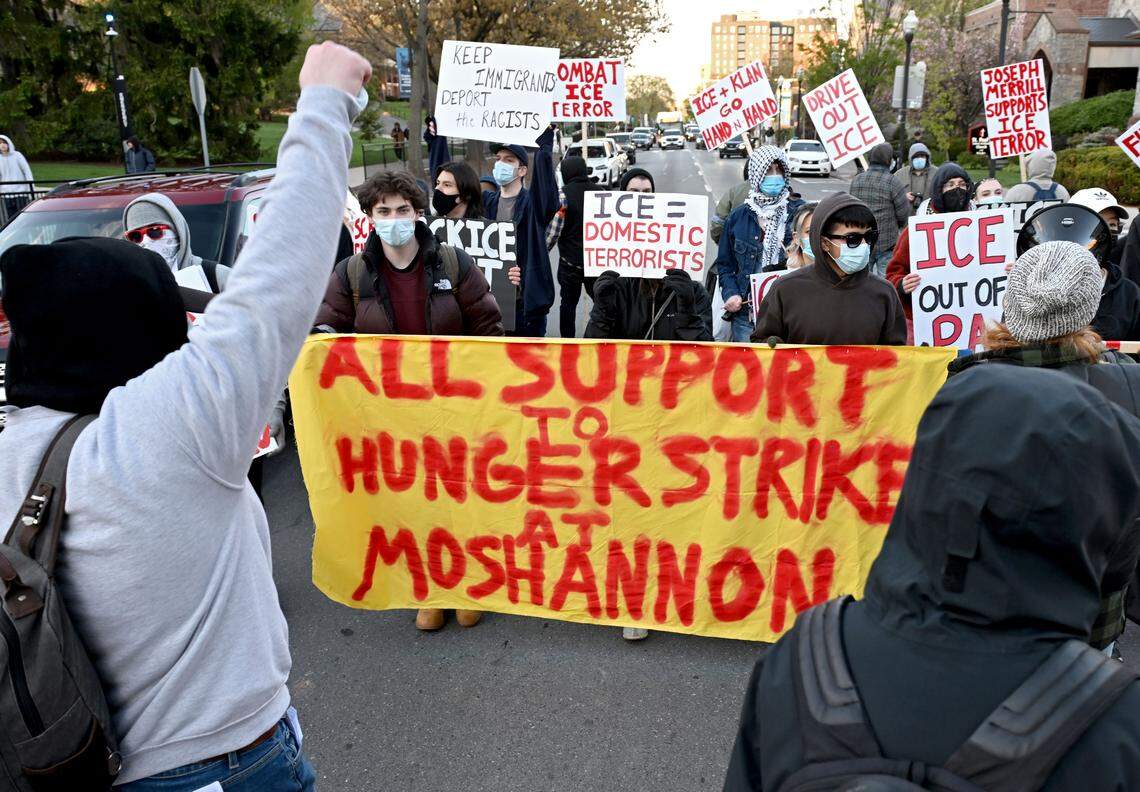 ICE protesters block traffic along College Avenue on Monday, April 20, 2026.  