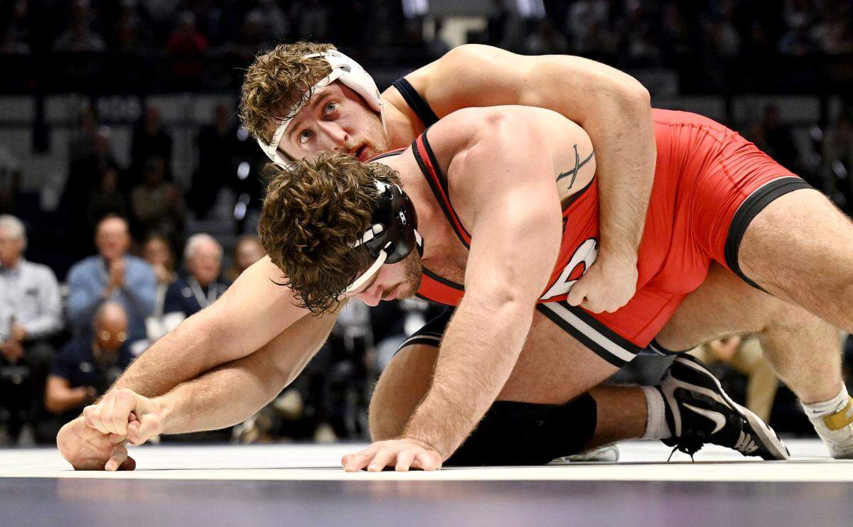 Penn State’s Cole Mirasola controls Rutgers’ Hunter Catka in the 285 lb bout of the match on Saturday, Jan. 10, 2026 in Rec Hall.