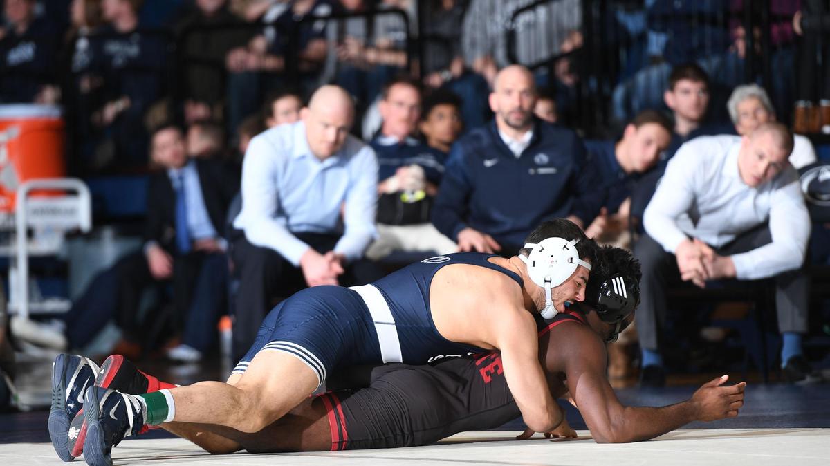 Penn State’s Vincenzo Joseph, 165 lbs (top) controls Nebraska’s Isaiah White Sunday at Rec. Hall. Joseph will have another big match on Friday when he faces No. 7 Logan Massa, of Michigan, at the Bryce Jordan Center.