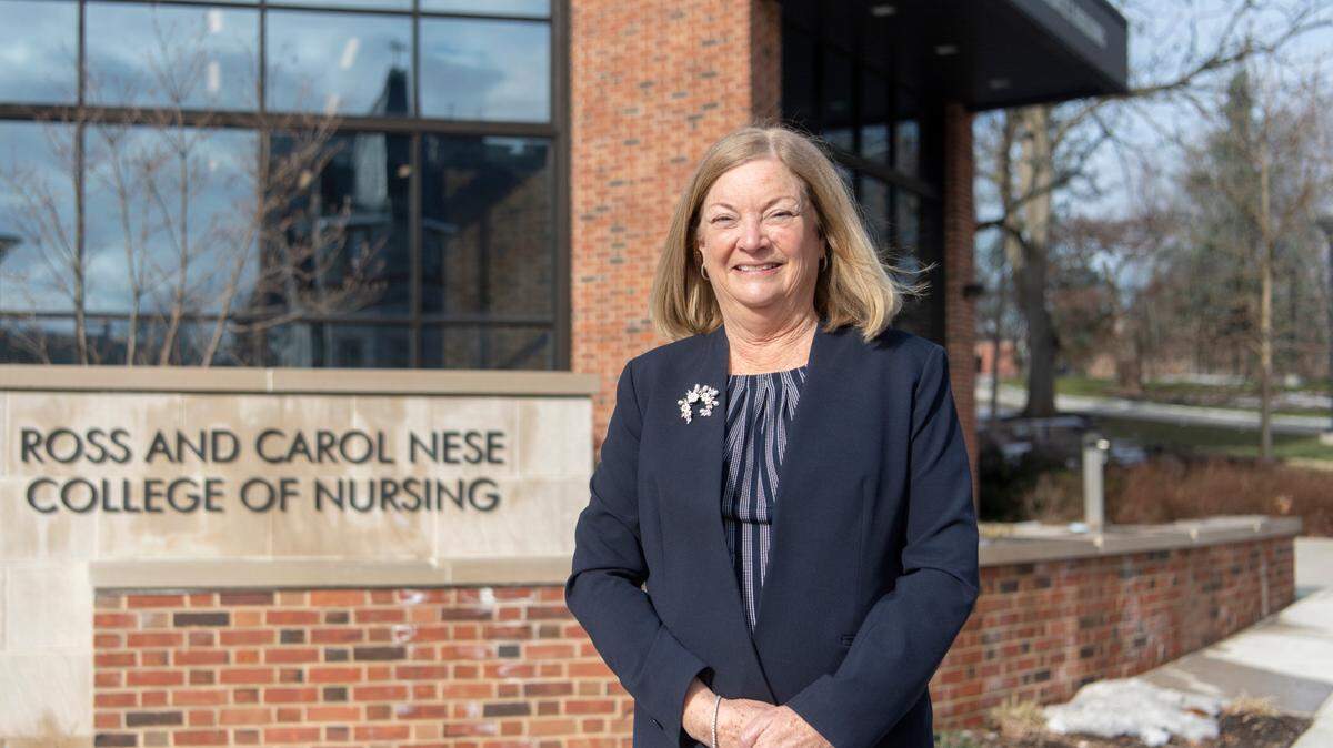 Laurie Badzek, Dean of the Ross and Carol Nese College of Nursing, poses on the University Park campus on Thursday.