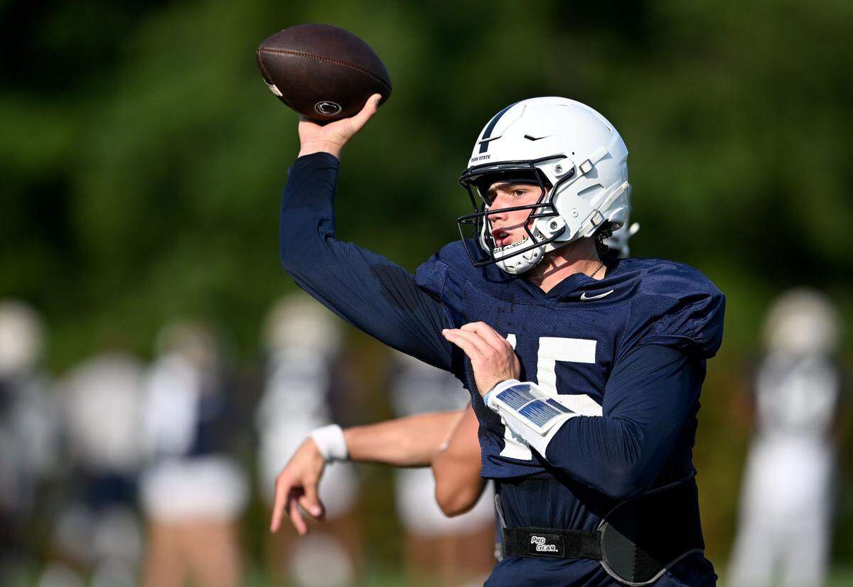 Penn State quarterback Drew Allar makes a pass during practice on Wednesday, Sept. 4, 2024.