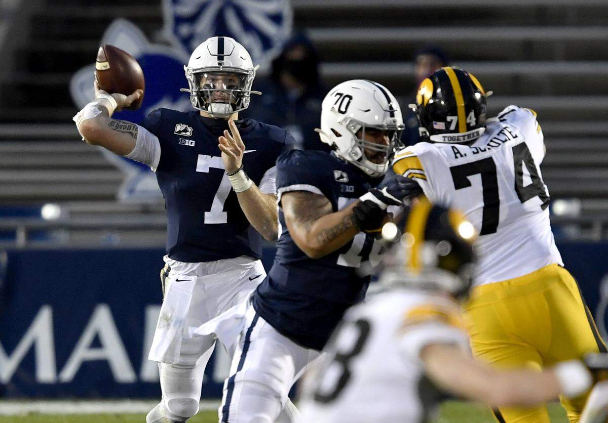 Penn State quarterback Will Levis makes a pass during the game against Iowa on Saturday, Nov. 21, 2020 at Beaver Stadium.
