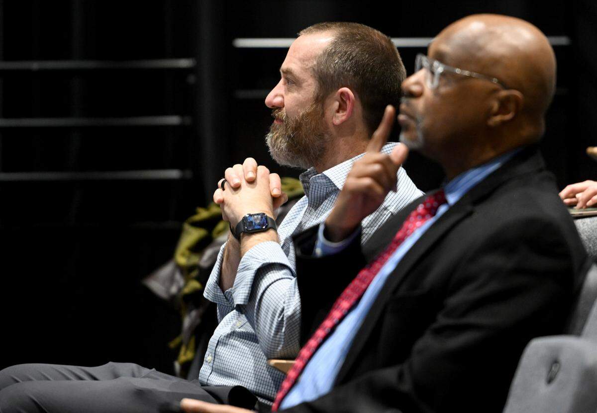 Josh Wede and Gary King listen to a speaker during the teach-in, “Budget crisis at Penn State? It’s a moral crisis” on Thursday, Feb. 8, 2024.