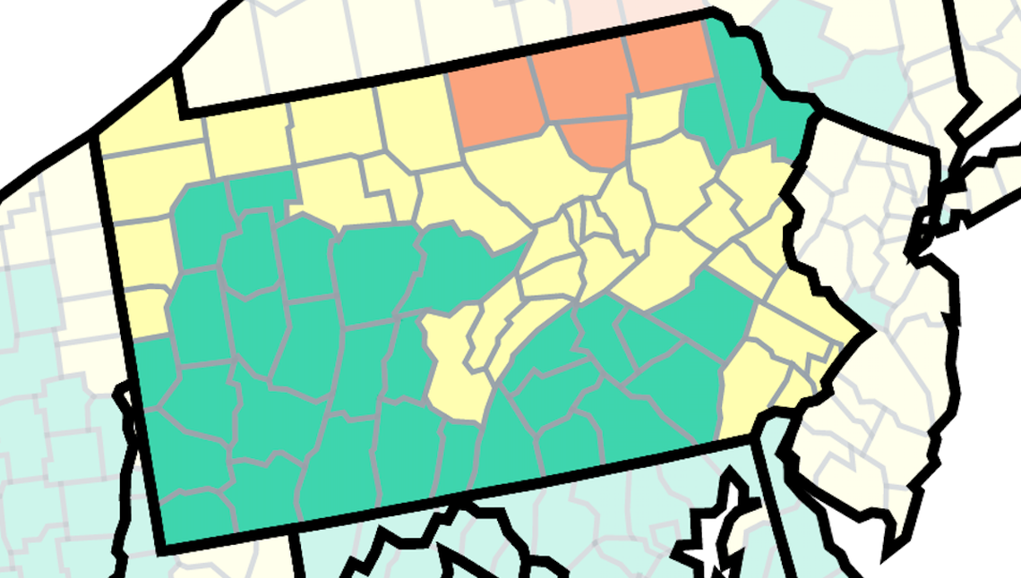 This map of Pennsylvania from the U.S. Centers for Disease Control and Prevention shows COVID-19 community levels by county as of Oct. 31. The orange are at high, the yellow at medium and the green at low.