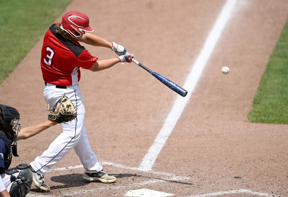 Bellefonte’s Levi Purnell gets a hit that scores two runs during the PIAA Class 4A championship game against Dallas at Medlar Field on Saturday, June 17, 2023.