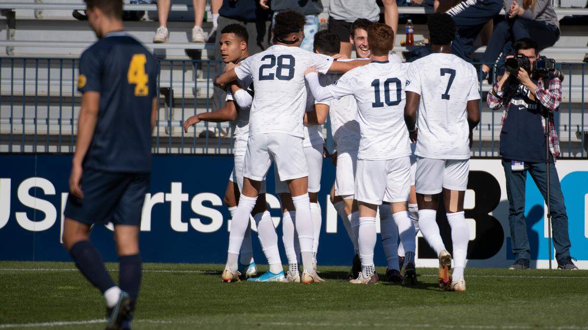Penn State celebrates after scoring a goal during a Big Ten Soccer Tournament match Wednesday between Penn State and Michigan at Jeffrey Field.
