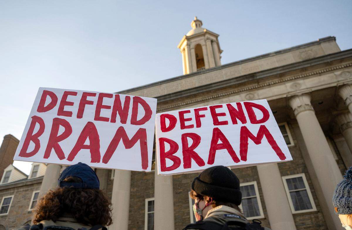 Student Committee for Defense and Solidarity holds a rally on Dec. 5, 2022 to support Bram C. Woolley, who was arrested during a protest of an October event planned to feature the founder of the Proud Boys.