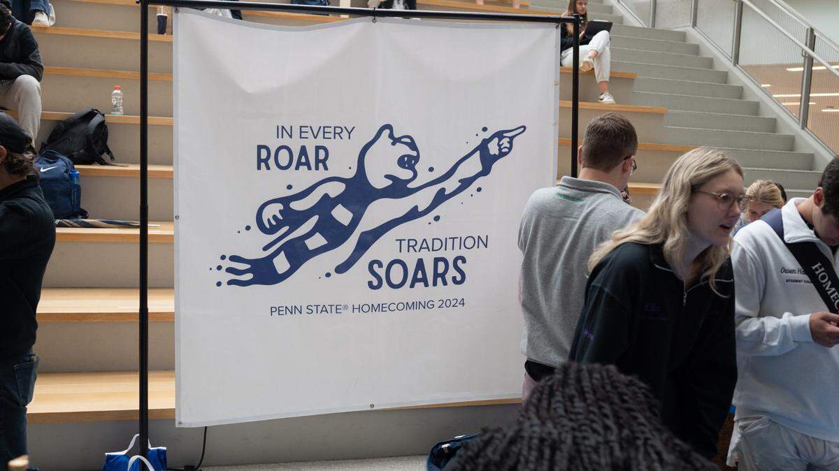 A banner for Penn State homecoming stands in the HUB-Robeson Center on Wednesday, Sept. 25, 2024.