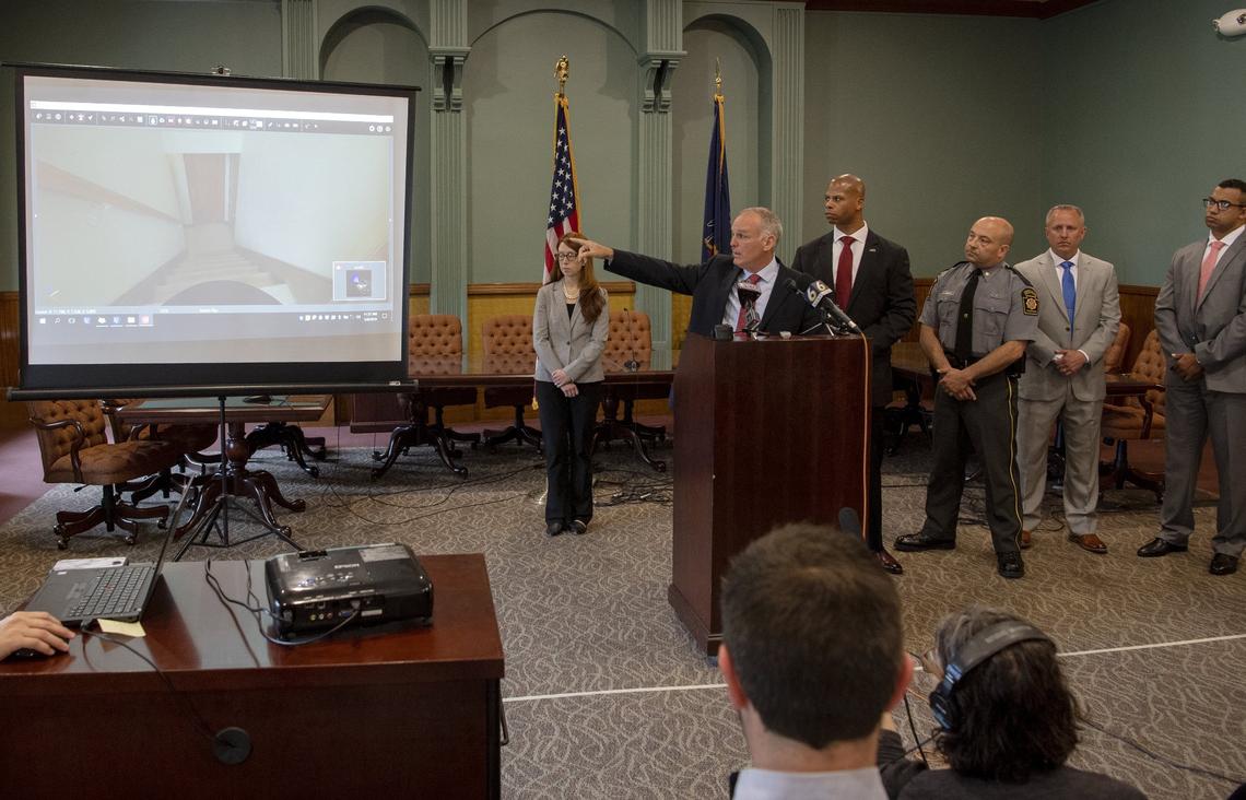 Centre County District Attorney Bernie Cantorna releases the report for the investigation into the death of Osaze Osagie to the media on Wednesday. To the right of Cantorna are State police Sgt. William Slaton, Lt. Brian Ianuzzi, commander of the Troop G Rockview station, State police at Rockview corporal Thomas Stock and State police trooper Aaron Allen.