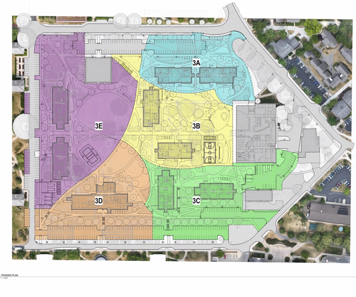 A screenshot of HRG’s presentation to the State College borough’s Design Review Board shows the phasing plan of Penn State’s Pollock Halls Renovation Project.