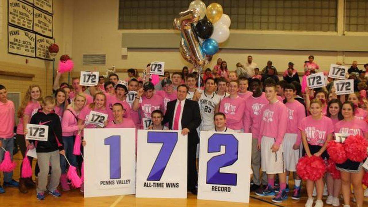 Penns Valley boys’ basketball coach Terry Glunt, center, became the school’s all-time wins leader by notching his 172nd victory on Thursday night in a 68-62 win over Bald Eagle Area.
