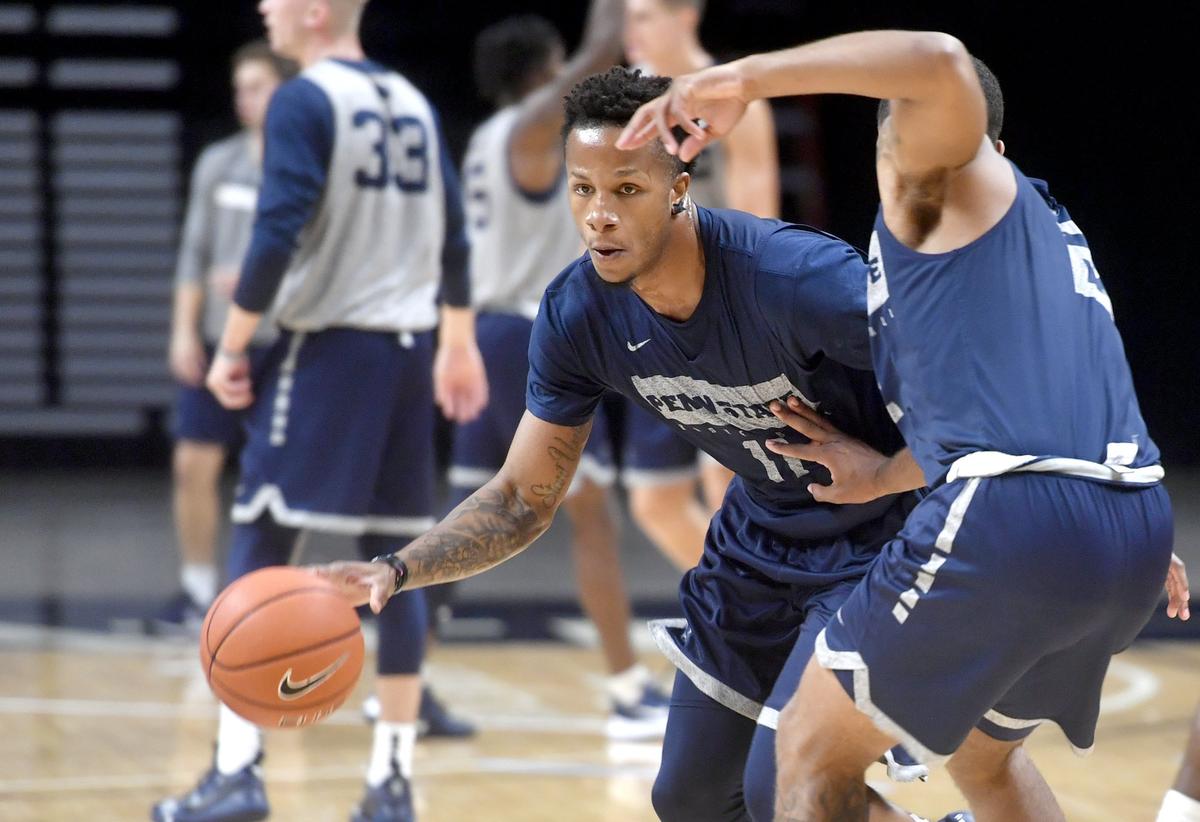 Penn State’s Lamar Stevens dribble around Myles Dread during practice on Monday, Oct. 7, 2019.