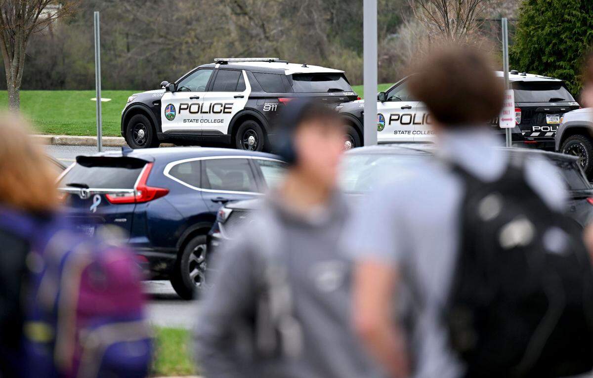 There was an extra police presence as students arrived at State College Area High School on April 14, 2025. Students lined up as they had to enter through a metal detector and have their bags checked.  