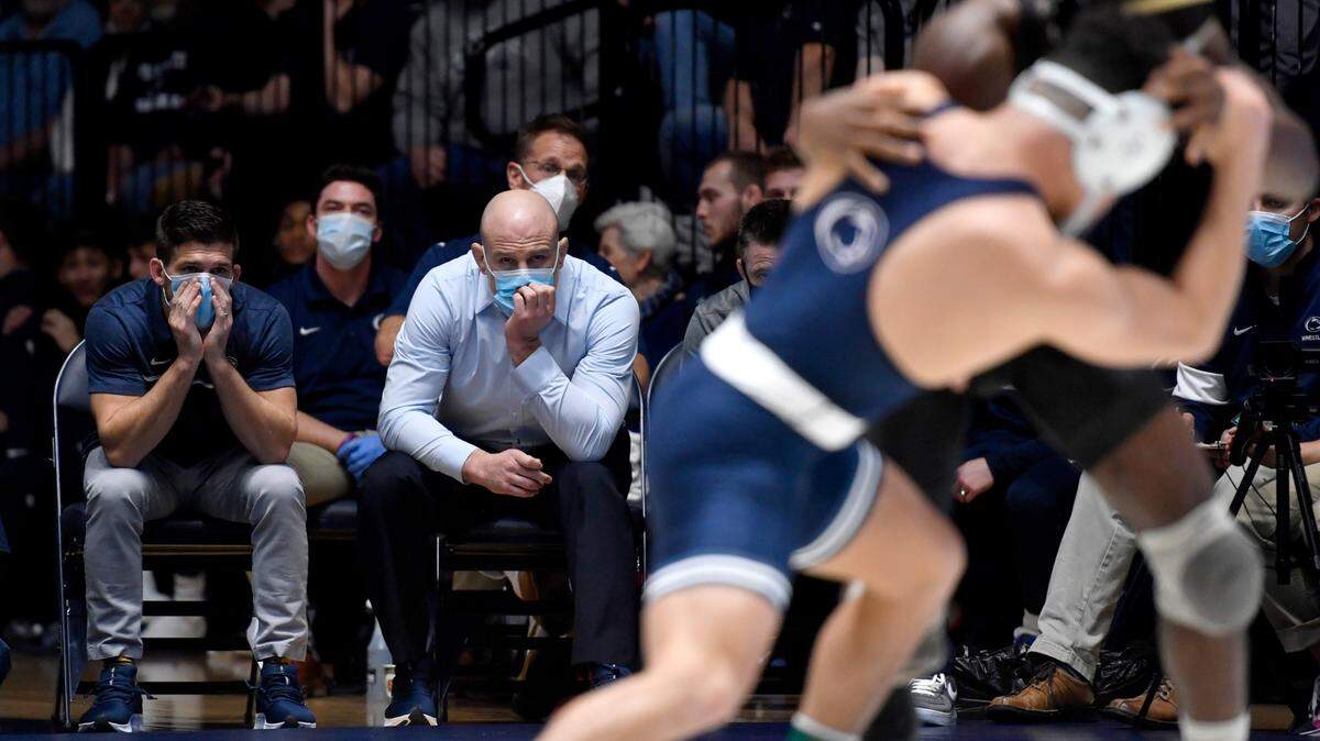 Penn State wrestling coach Cael Sanderson watches Beau Bartlett in this 149 lb bout of the match on Thursday, Nov. 18, 2021.