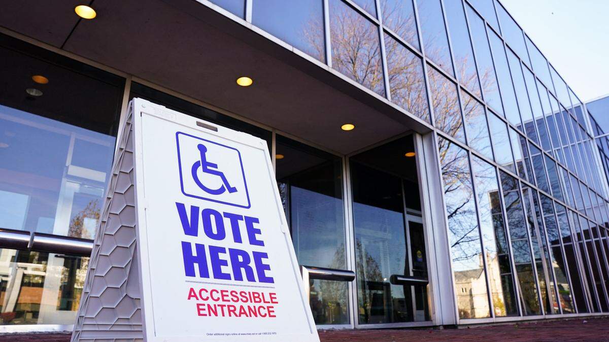 A voting sign sits outside Allentown Public Library in Allentown, Pennsylvania on the day of the November 2022 general election.