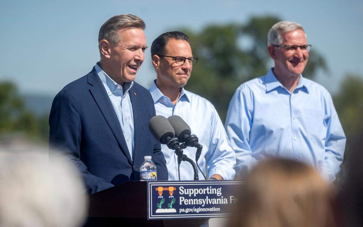 Rep. Paul Takac talks about the agriculture innovation bill during a ceremonial signing event with Governor Josh Shapiro at Penn State’s Dairy Research and Teaching Complex on Monday, Sept. 16, 2024.