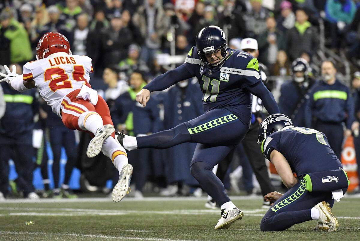 Kansas City Chiefs strong safety Jordan Lucas ran into Seattle Seahawks kicker Sebastian Janikowski on a failed field goal attempt in the third quarter and was called for roughing the kicker during Sunday’s football game on December 23, 2018 at CenturyLink Field in Seattle, Washington.