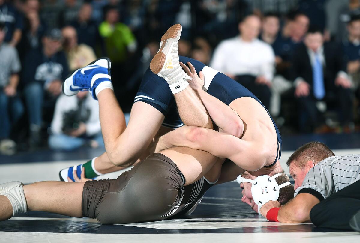 Penn State’s Jason Nolf, 157 lbs, pins Lehigh’s Josh Humphreys Sunday at Rec Hall in State College. Penn State defeated Lehigh, 42-0. (For the CDT/Steve Manuel)