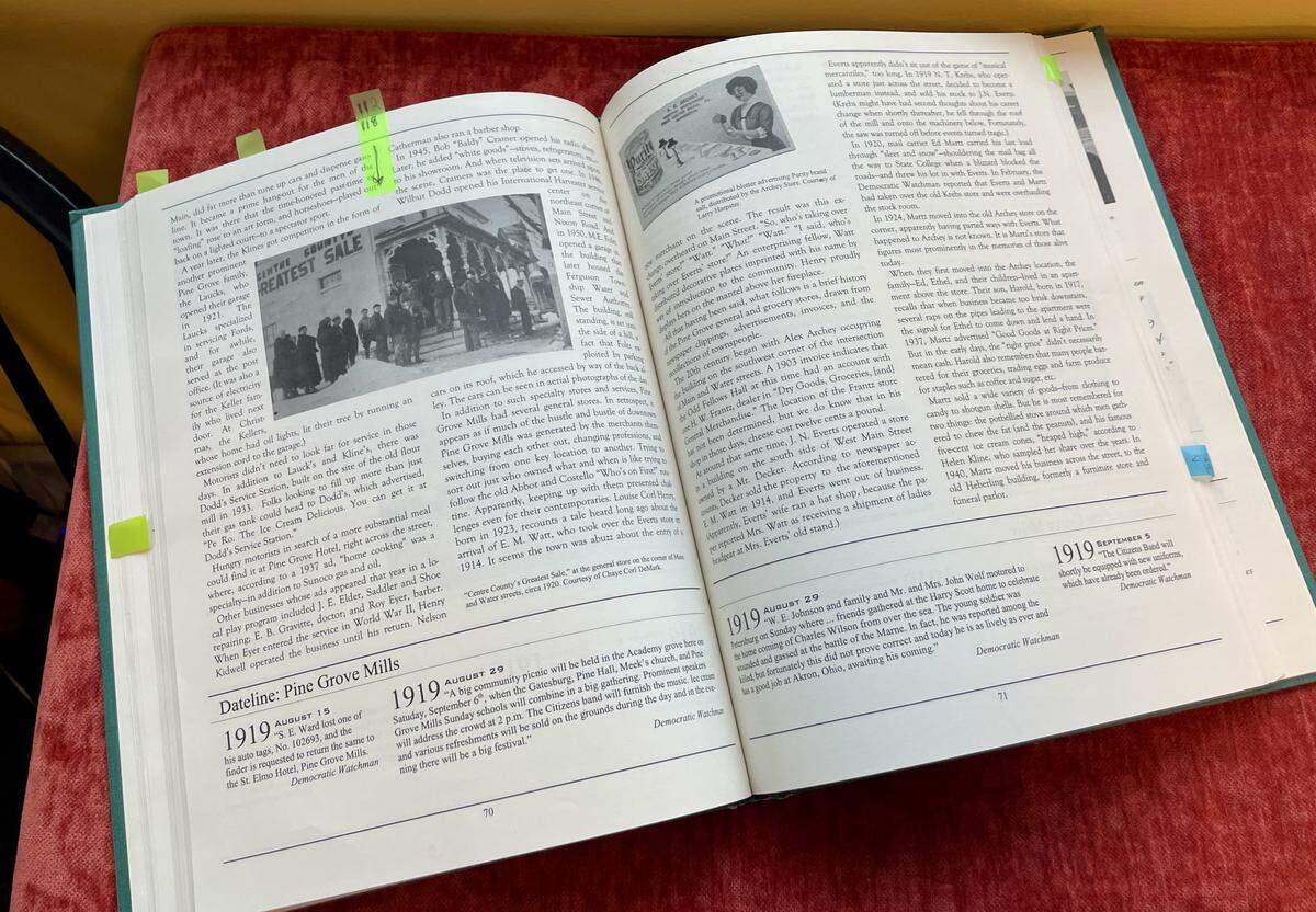 Centre Markets’ new home dates back to the 1850s. This Pine Grove Mills-area history book display in the store features the property, including a photo of it as a general store from around 1920.