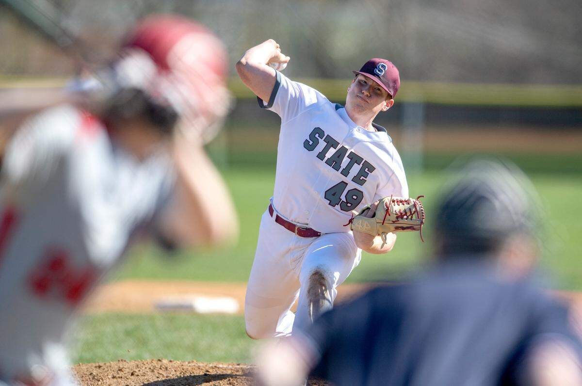 State College’s Brady Bendik pitches during the Tuesday, April 12, 2022 game against Cumberland Valley.
