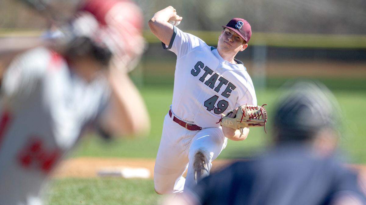 State College’s Brady Bendik pitches during the Tuesday, April 12, 2022 game against Cumberland Valley.