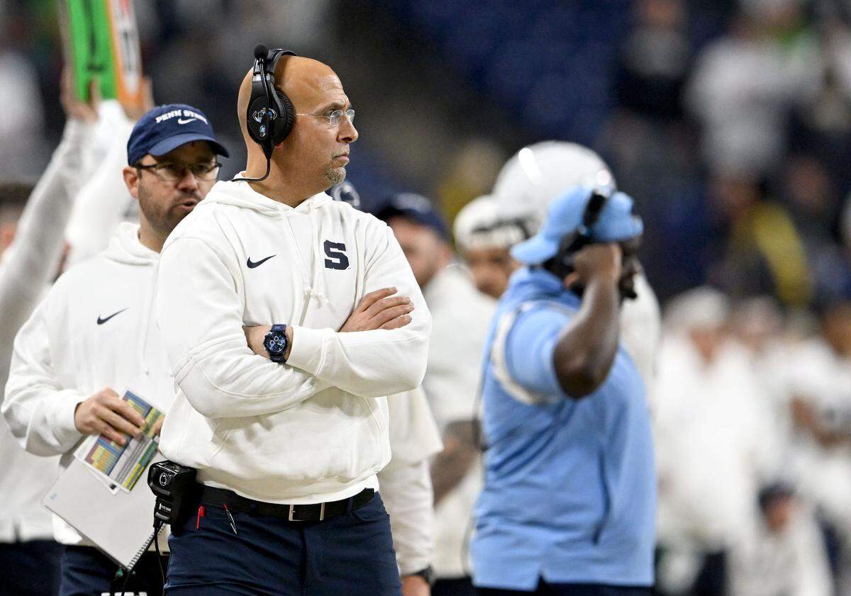 Penn State football coach James Franklin watches during the Big Ten Championship game against Oregon at Lucas Oil Stadium on Saturday, Dec. 7, 2024.