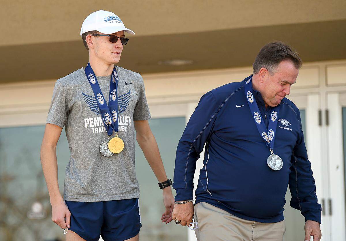 Penns Valley’s Colton Sands wins the boys Class A title in 16:42 at the PIAA Cross Country Championships on Saturday, November 7, 2020 in Hershey. (Jeremy Drey — For the Centre Daily Times)