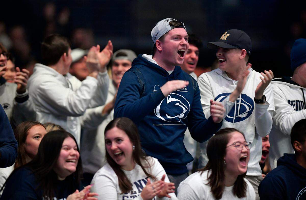 Penn State students cheer on the wrestlers during the match against Iowa on Friday, Jan. 27, 2023 at the Bryce Jordan Center.