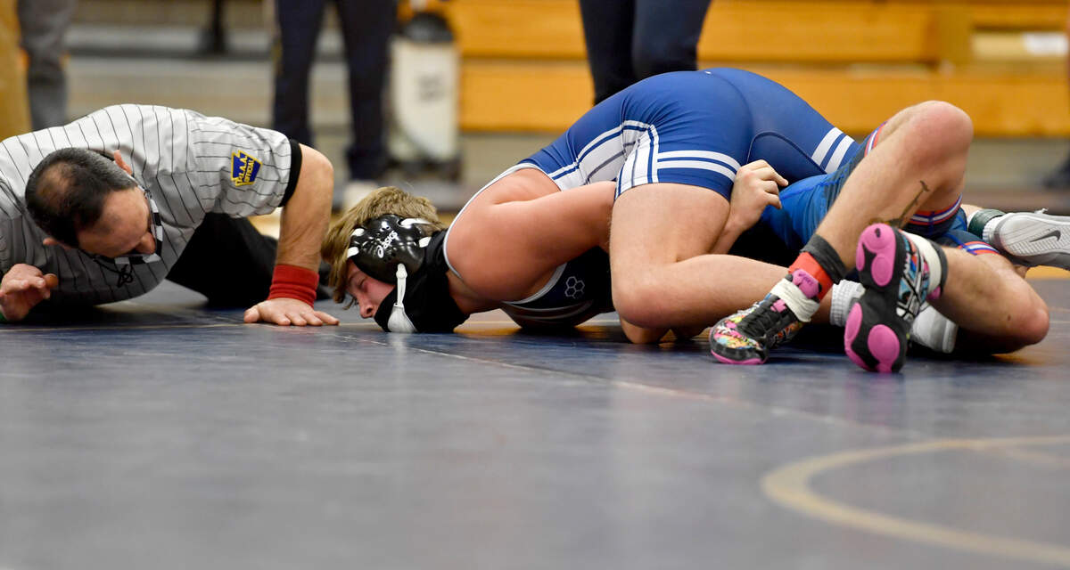 Penns Valley’s Hunter Lyons controls Wesrt Branch’s Hayes Jones in a 189 lb bout during the District 6 AA section 2 tournament on Wednesday, Feb. 17, 2021.