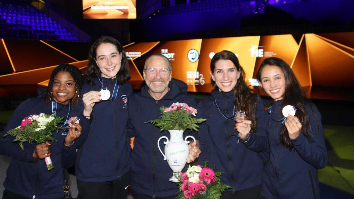 Team USA fencing coach Buckie Leach, center, was killed in a motorcycle crash Saturday in Pennsylvania.