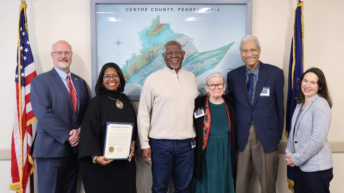 From left, Centre County Commissioner Chair Mark Higgins, Lelsie Laing, Gary Abdullah, Jo Dumas, Charles Dumas, and Commissioner Amber Concepcion are pictured Tuesday after the commissioners presented a Black History Month proclamation.