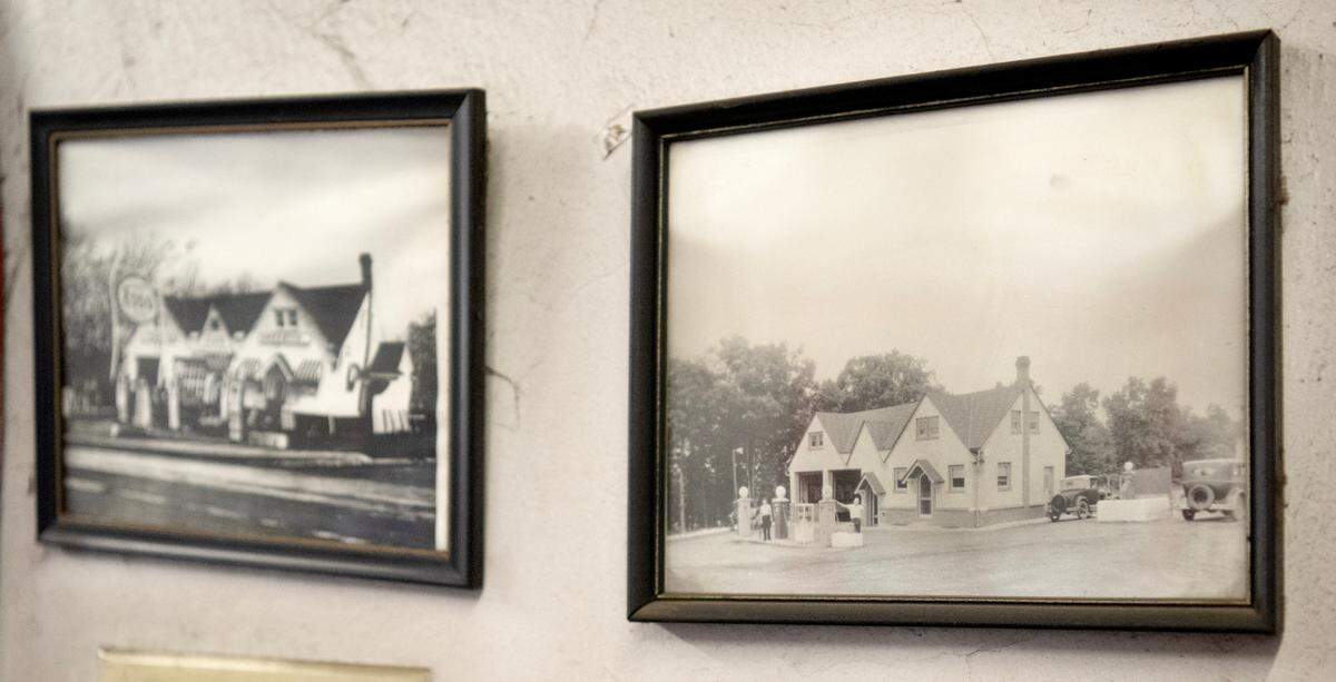 Historic photos of the College Heights Service Station located at 803 N. Atherton St. hang in the office of the garage.