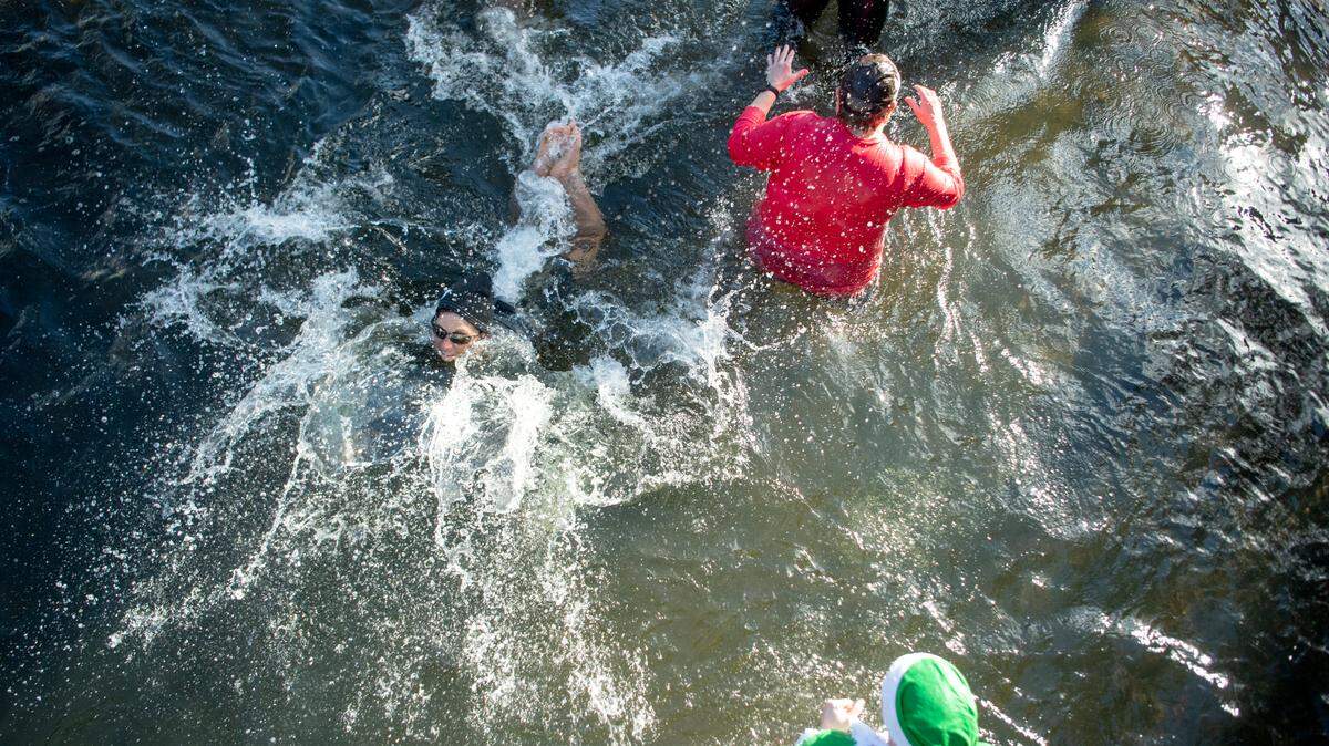 “Super plungers” splash in Penns Creek for the YMCA of Centre County’s Polar Bear Plunge on Saturday.