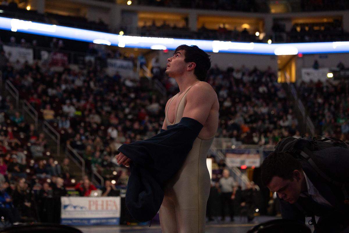 Bald Eagle Area’s Caleb Close readies himself Saturday before the Class 2A state title match at 189 pounds at Hershey’s Giant Center. Close fell by 11-1 major decision to Faith Christian Academy’s Adam Waters to earn runner-up honors.
