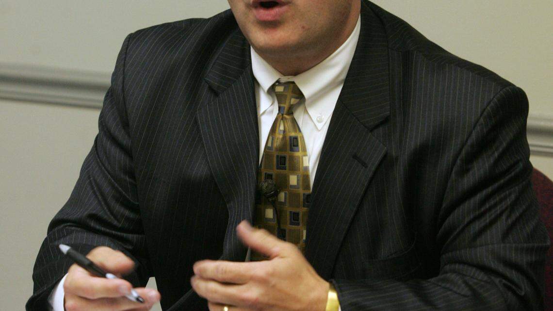 Centre County District Attorney Michael Madeira holds a press conference at the Centre County Court House on Tuesday, September 30, 2008. CDT/Christopher Weddle