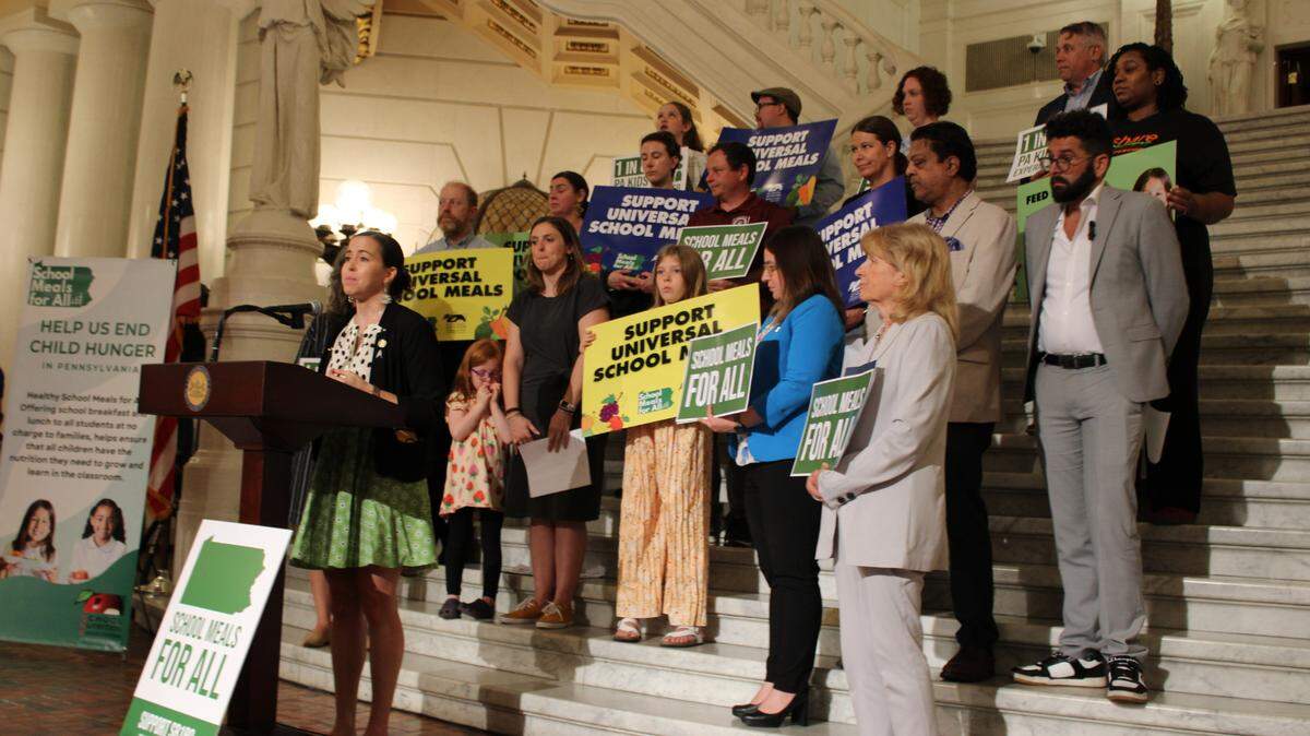 Rep. Emily Kinkead (D., Allegheny) speaks at an event earlier this month in favor of free school lunches.