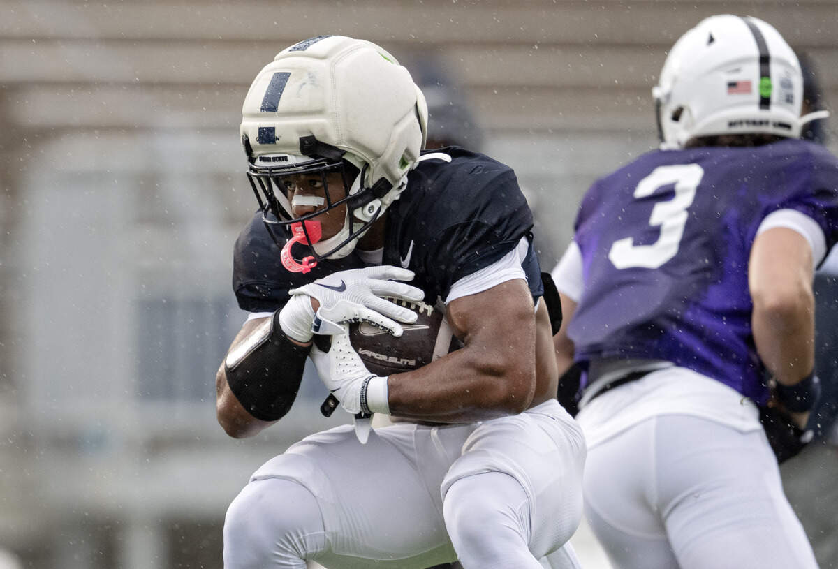 Penn State running back James Peoples runs with the ball during the Blue-White Practice on Saturday, April 25, 2026.