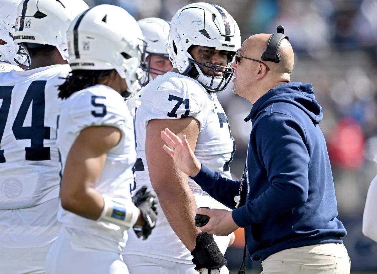 Penn State football coach James Franklin talks to the offense of the white team during the Blue-White game on Saturday, April 13, 2024.
